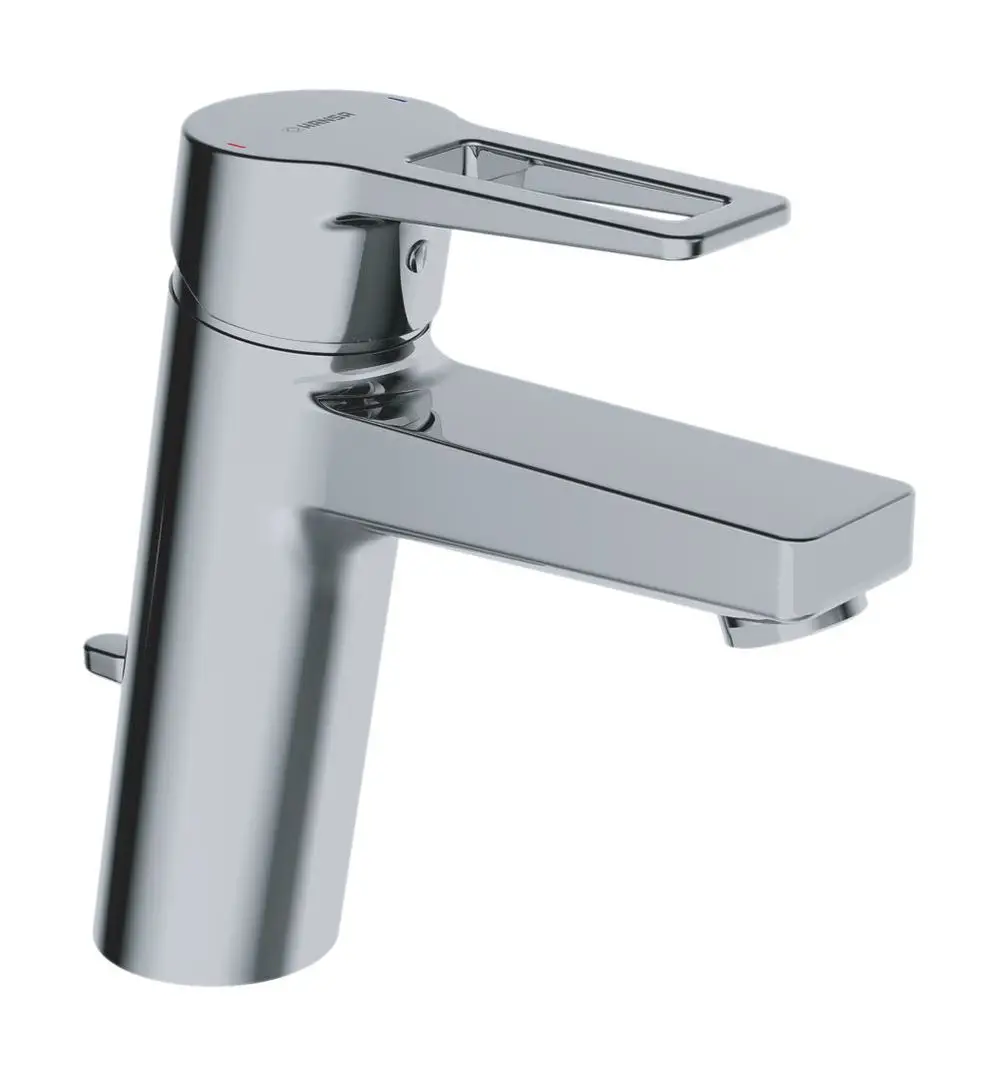 Einhebelmischer mit Bügelhebel in Chrom. Die Armatur besitzt eine Zugstangenablaufgarnitur und hat eine Ausladung. Produkt von HANSA.